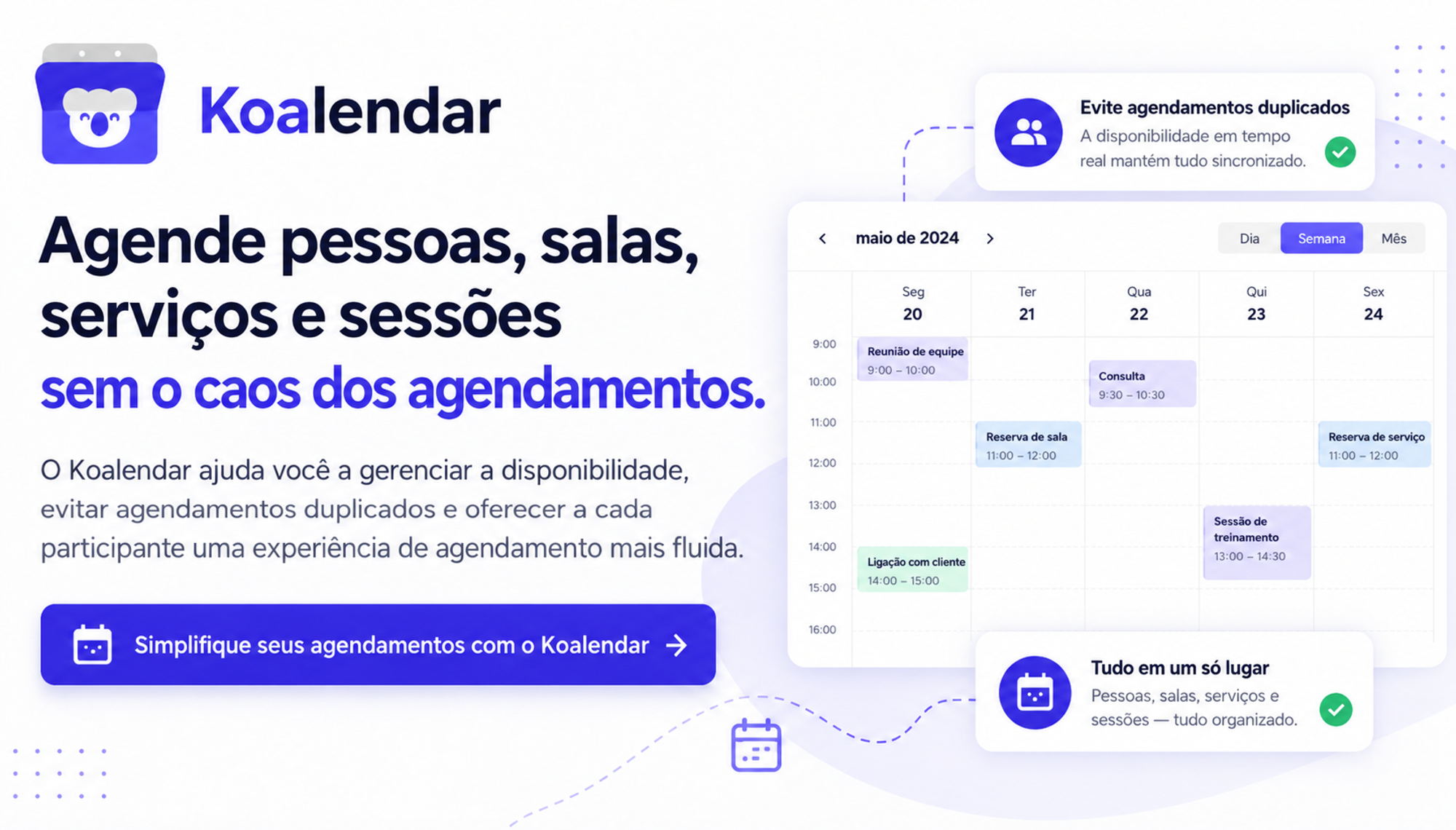 Banner do Koalendar mostrando agendamentos de pessoas, salas e serviços ao lado de um calendário, em destaque entre aplicativos como o Notion Calendar.